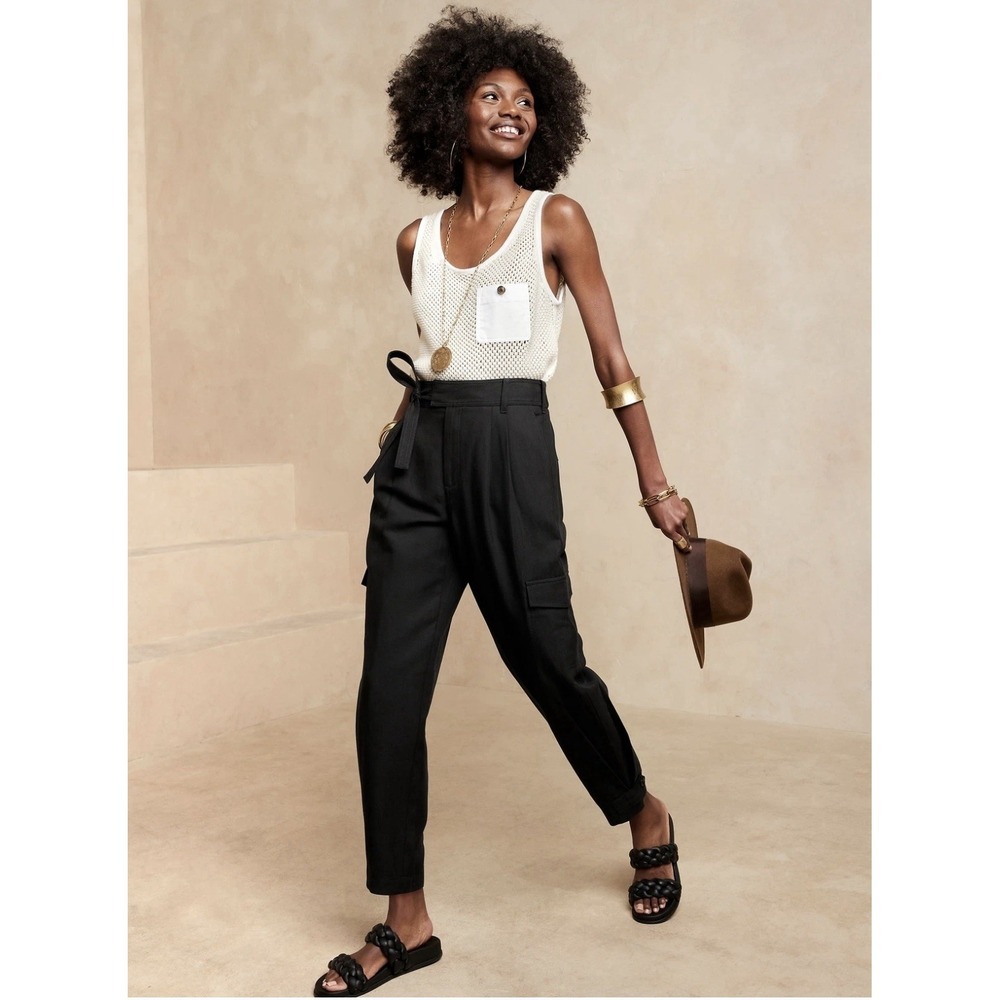 Banana Republic Lyocell Linen Blend Belted Cargo Pants 6L Black RT $110 READ‎